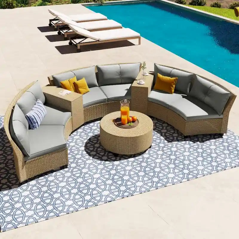 Ensemble de jardin 6 places en rotin en forme d'éventail avec coussins et table
