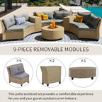 Ensemble de jardin 6 places en rotin en forme d'éventail avec coussins et table