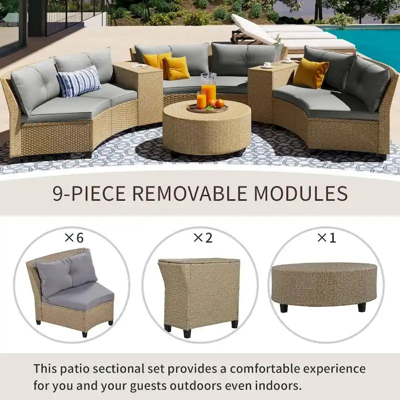Ensemble de jardin 6 places en rotin en forme d'éventail avec coussins et table