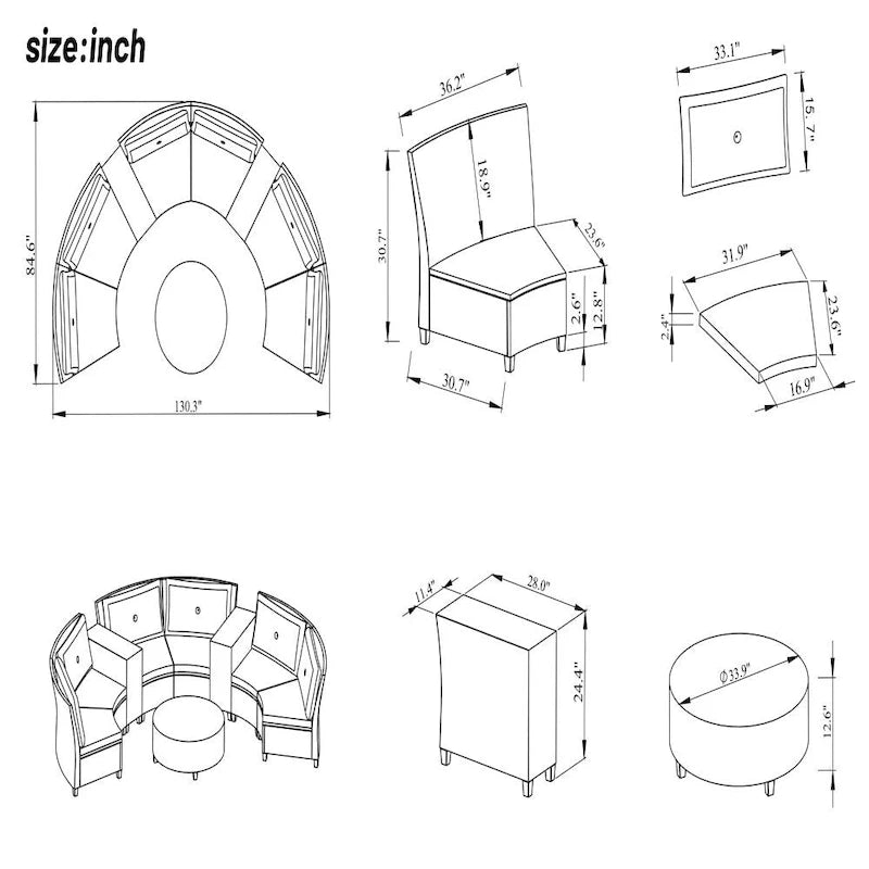 Ensemble de jardin 6 places en rotin en forme d'éventail avec coussins et table