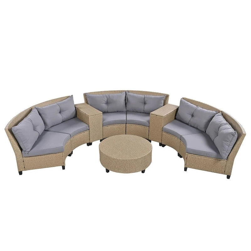 Ensemble de jardin 6 places en rotin en forme d'éventail avec coussins et table