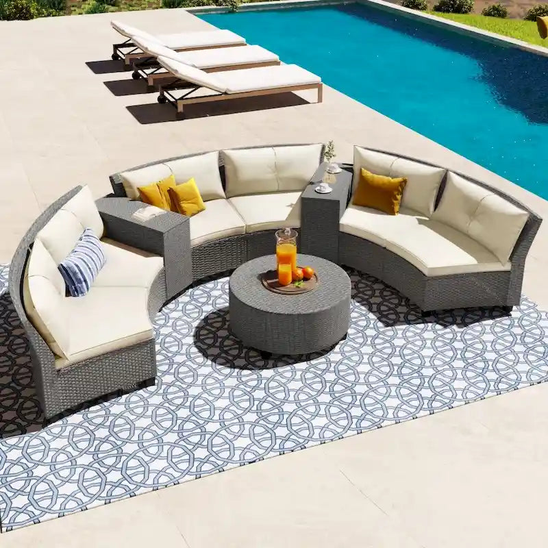 Ensemble de jardin 6 places en rotin en forme d'éventail avec coussins et table