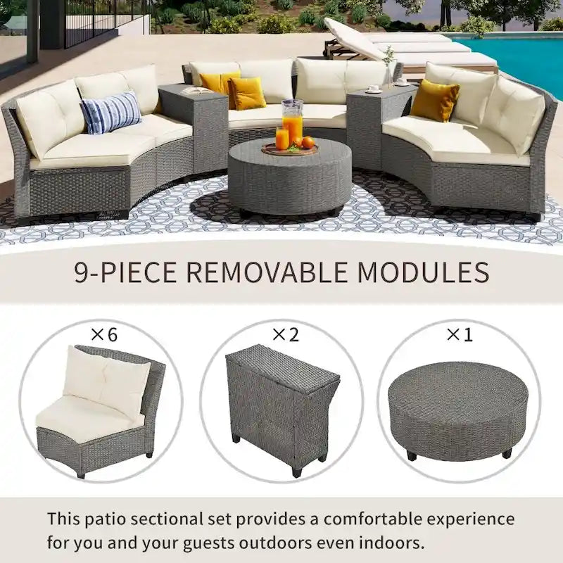 Ensemble de jardin 6 places en rotin en forme d'éventail avec coussins et table