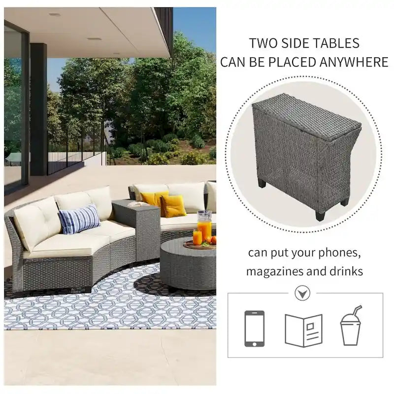 Ensemble de jardin 6 places en rotin en forme d'éventail avec coussins et table