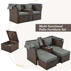 Ensemble causeuse de jardin convertible avec pare-soleil rétractable, porte-gobelets, coffres de rangement, coussins déperlants