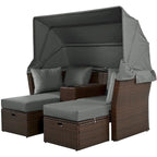 Ensemble causeuse de jardin convertible avec pare-soleil rétractable, porte-gobelets, coffres de rangement, coussins déperlants