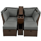 Ensemble causeuse de jardin convertible avec pare-soleil rétractable, porte-gobelets, coffres de rangement, coussins déperlants