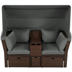 Ensemble causeuse de jardin convertible avec pare-soleil rétractable, porte-gobelets, coffres de rangement, coussins déperlants