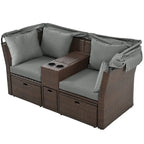 Ensemble causeuse de jardin convertible avec pare-soleil rétractable, porte-gobelets, coffres de rangement, coussins déperlants