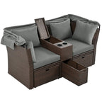 Ensemble causeuse de jardin convertible avec pare-soleil rétractable, porte-gobelets, coffres de rangement, coussins déperlants
