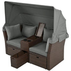 Ensemble causeuse de jardin convertible avec pare-soleil rétractable, porte-gobelets, coffres de rangement, coussins déperlants