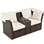 Ensemble causeuse de jardin convertible avec pare-soleil rétractable, porte-gobelets, coffres de rangement, coussins déperlants