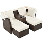 Ensemble causeuse de jardin convertible avec pare-soleil rétractable, porte-gobelets, coffres de rangement, coussins déperlants