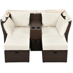 Ensemble causeuse de jardin convertible avec pare-soleil rétractable, porte-gobelets, coffres de rangement, coussins déperlants