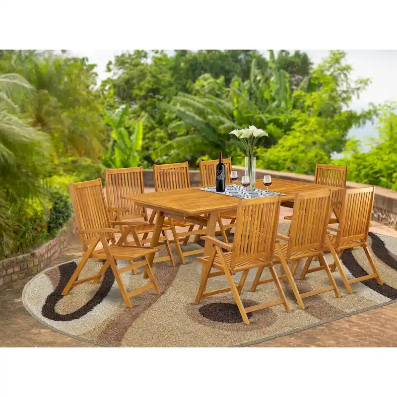Ensemble de salle à manger d'extérieur - Chaises avec dossier haut à lattes et table rectangulaire à 4 pieds en bois - Fini à l'huile naturelle (Option de pièces)