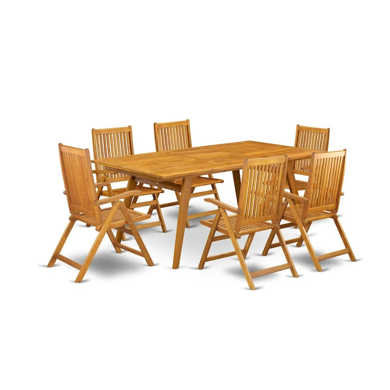 Ensemble de salle à manger d'extérieur - Chaises avec dossier haut à lattes et table rectangulaire à 4 pieds en bois - Fini à l'huile naturelle (Option de pièces)