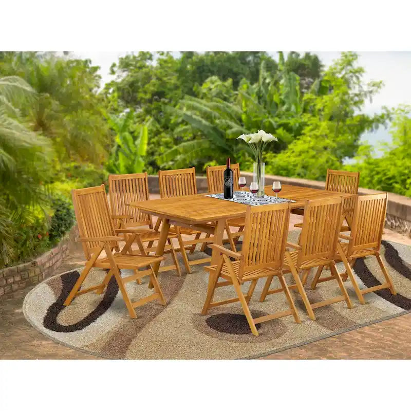 Ensemble de salle à manger d'extérieur - Chaises avec dossier haut à lattes et table rectangulaire à 4 pieds en bois - Fini à l'huile naturelle (Option de pièces)