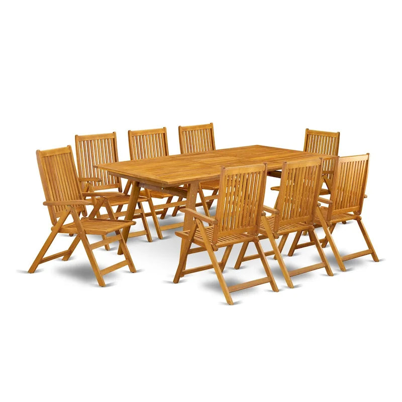 Ensemble de salle à manger d'extérieur - Chaises avec dossier haut à lattes et table rectangulaire à 4 pieds en bois - Fini à l'huile naturelle (Option de pièces)