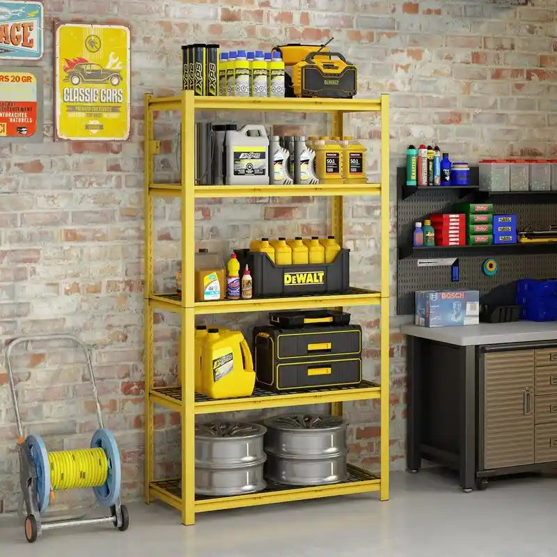 Étagère métallique jaune réglable à 5 niveaux, robuste, pour garage
