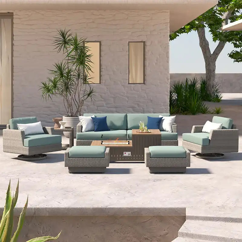 Salon de jardin d'extérieur 8 pièces avec brasero et fauteuils pivotants Portofino Comfort Sunbrella