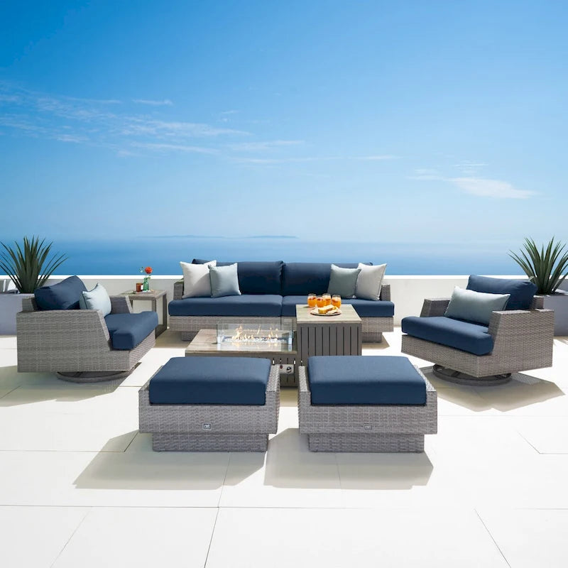 Salon de jardin d'extérieur 8 pièces avec brasero et fauteuils pivotants Portofino Comfort Sunbrella