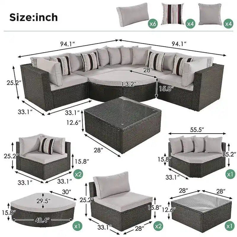 Ensemble de 7 pièces de canapé d'extérieur en osier, lit de repos en rotin