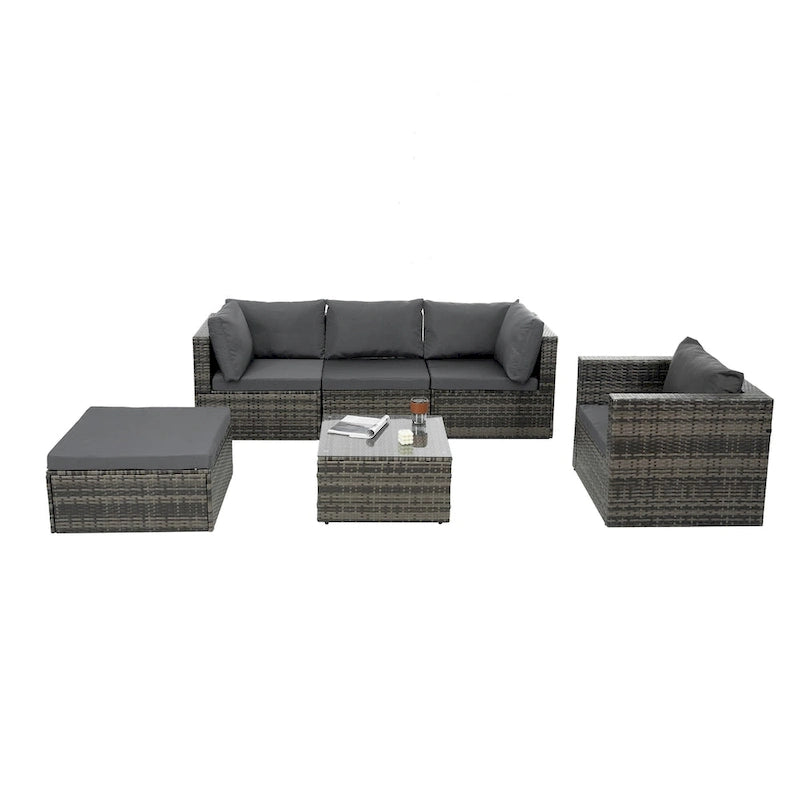Mobilier de patio, Mobilier d'extérieur, Mobilier saisonnier en rotin synthétique, Ensemble de 6 meubles en rotin avec table basse en verre trempé
