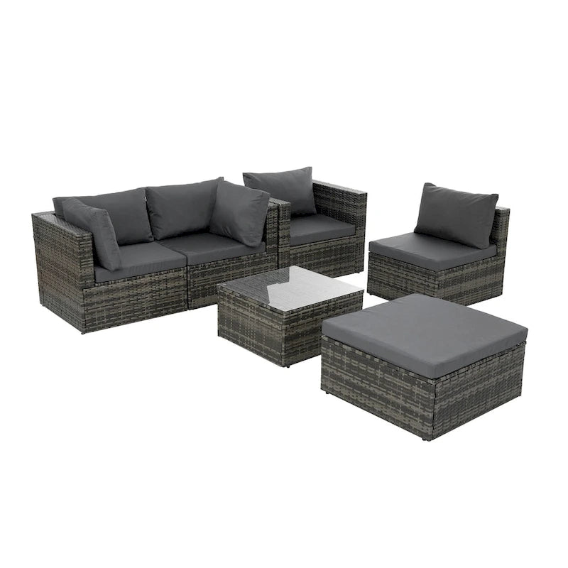 Mobilier de patio, Mobilier d'extérieur, Mobilier saisonnier en rotin synthétique, Ensemble de 6 meubles en rotin avec table basse en verre trempé