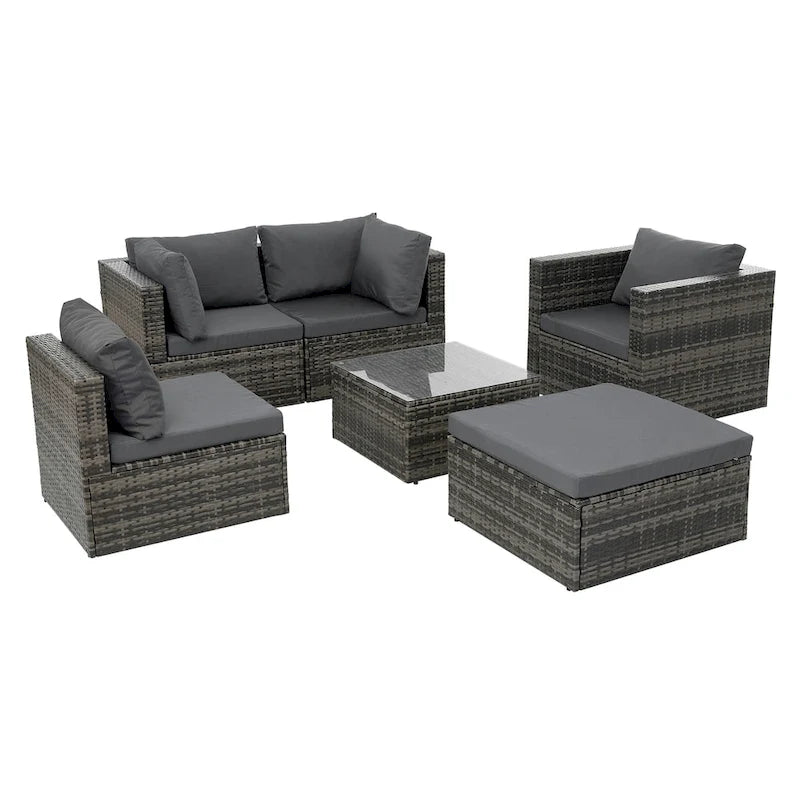 Mobilier de patio, Mobilier d'extérieur, Mobilier saisonnier en rotin synthétique, Ensemble de 6 meubles en rotin avec table basse en verre trempé