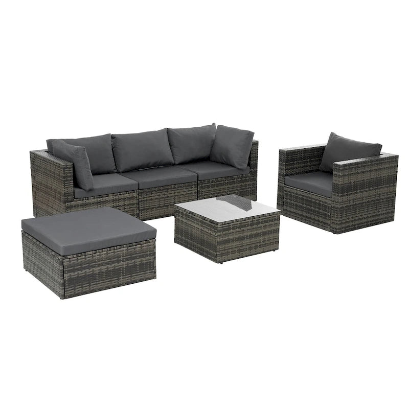 Mobilier de patio, Mobilier d'extérieur, Mobilier saisonnier en rotin synthétique, Ensemble de 6 meubles en rotin avec table basse en verre trempé