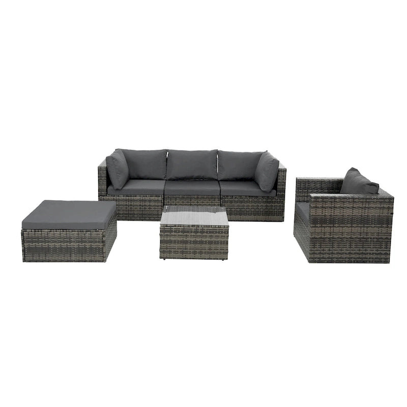 Mobilier de patio, Mobilier d'extérieur, Mobilier saisonnier en rotin synthétique, Ensemble de 6 meubles en rotin avec table basse en verre trempé
