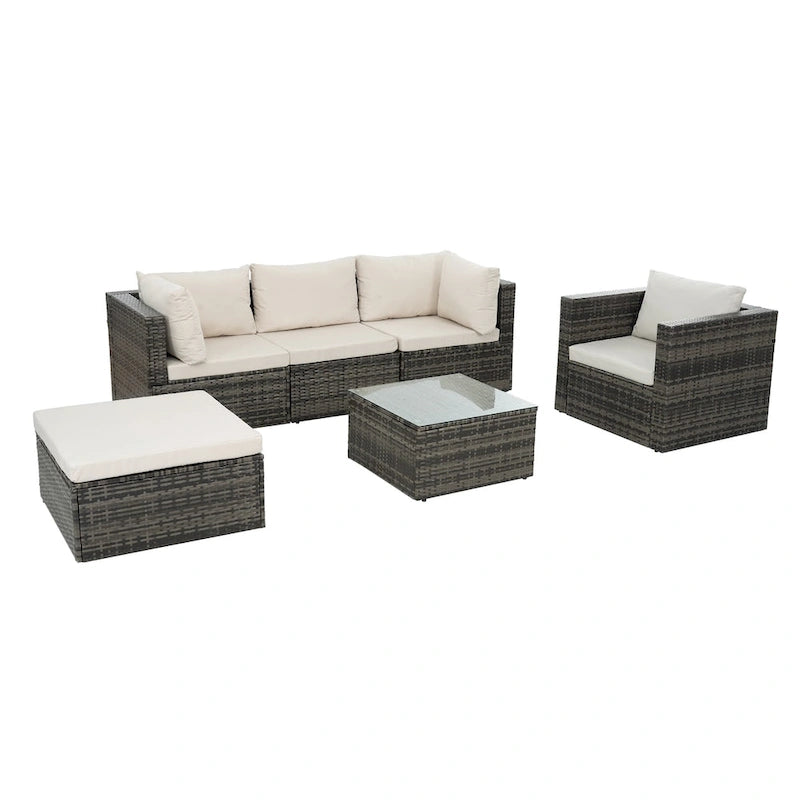 Mobilier de patio, Mobilier d'extérieur, Mobilier saisonnier en rotin synthétique, Ensemble de 6 meubles en rotin avec table basse en verre trempé