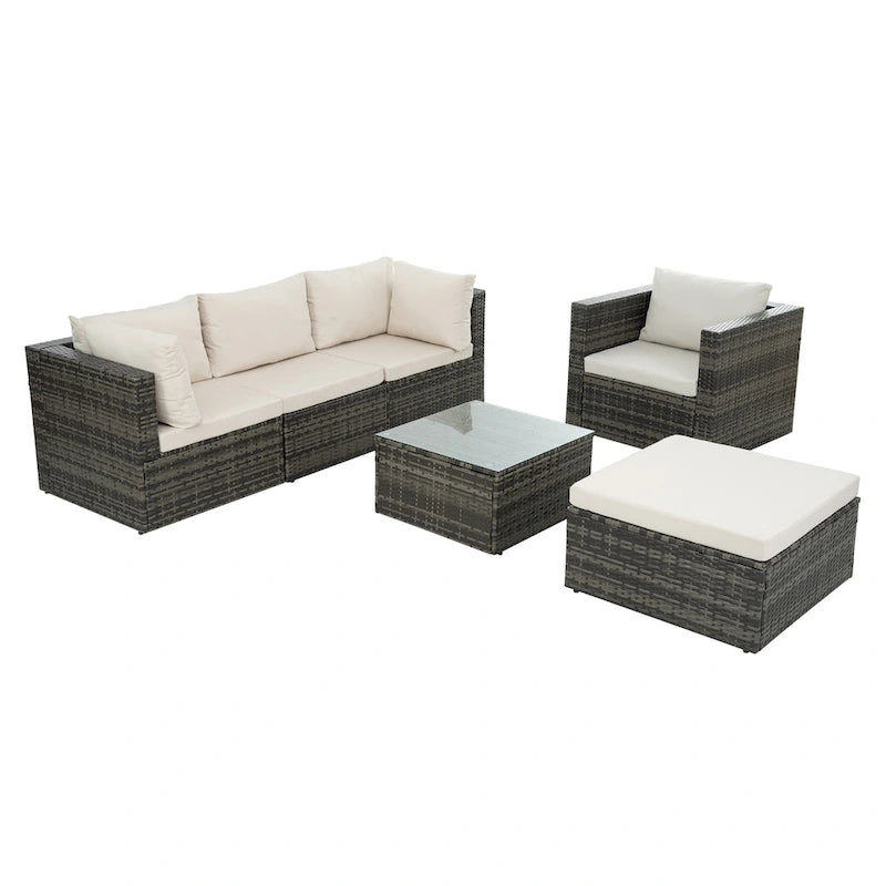 Mobilier de patio, Mobilier d'extérieur, Mobilier saisonnier en rotin synthétique, Ensemble de 6 meubles en rotin avec table basse en verre trempé