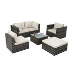 Mobilier de patio, Mobilier d'extérieur, Mobilier saisonnier en rotin synthétique, Ensemble de 6 meubles en rotin avec table basse en verre trempé