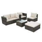 Mobilier de patio, Mobilier d'extérieur, Mobilier saisonnier en rotin synthétique, Ensemble de 6 meubles en rotin avec table basse en verre trempé