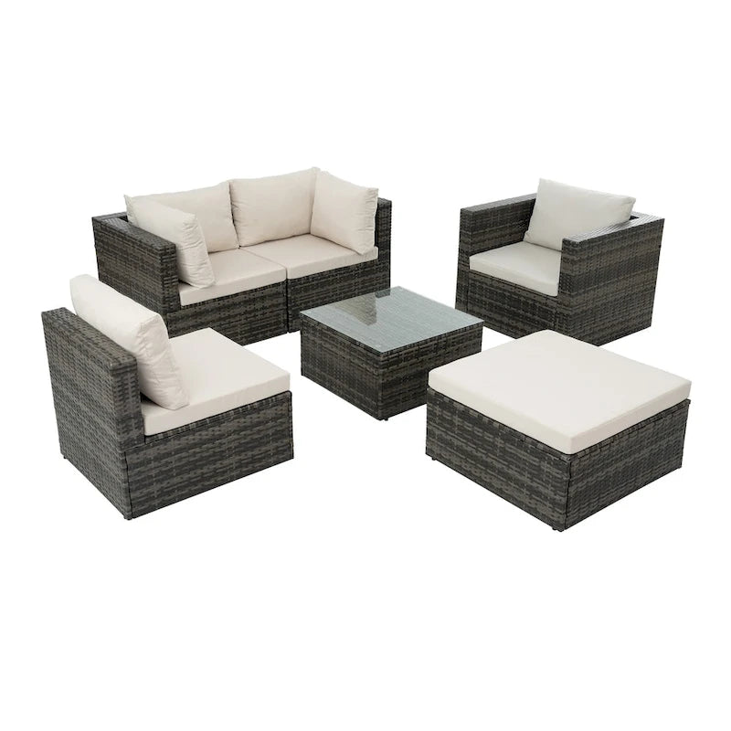 Mobilier de patio, Mobilier d'extérieur, Mobilier saisonnier en rotin synthétique, Ensemble de 6 meubles en rotin avec table basse en verre trempé