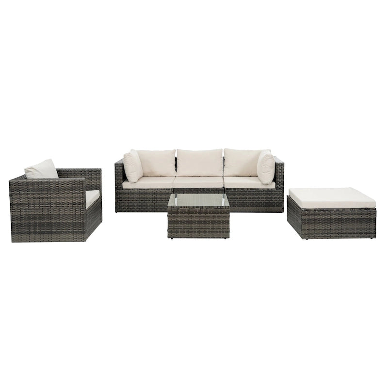 Mobilier de patio, Mobilier d'extérieur, Mobilier saisonnier en rotin synthétique, Ensemble de 6 meubles en rotin avec table basse en verre trempé