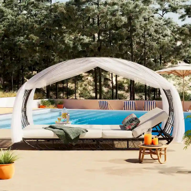 Oaks Aura Extérieur, Bain de soleil avec coussin, rideau et oreiller coloré, Chaises longues en osier, Fauteuils inclinables réglables pour jardin