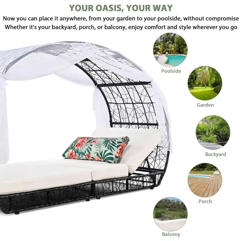 Oaks Aura Extérieur, Bain de soleil avec coussin, rideau et oreiller coloré, Chaises longues en osier, Fauteuils inclinables réglables pour jardin