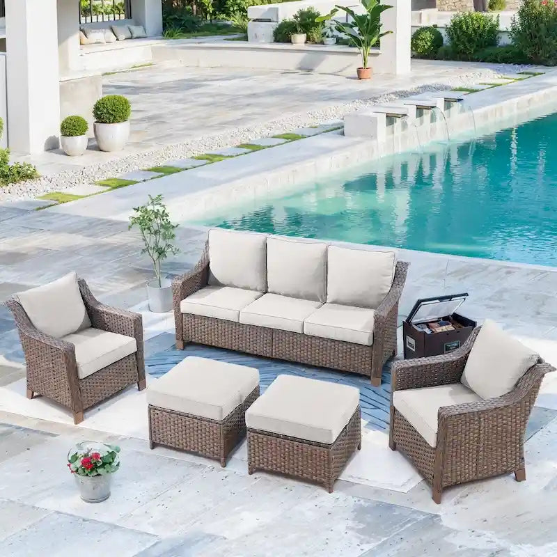 Canapé d'extérieur avec chaises et poufs - Marron