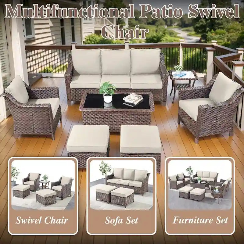Canapé d'extérieur avec chaises et poufs - Marron