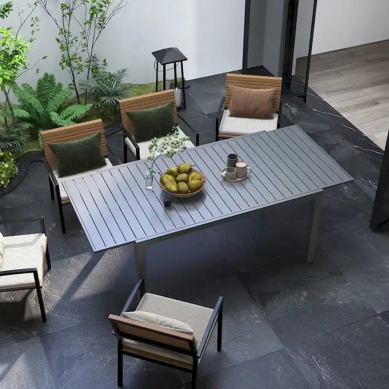 Table de patio extensible, Table de patio rectangulaire, Table de salle à manger extérieure pour 6 à 8 personnes avec cadre en aluminium et plateau à lattes
