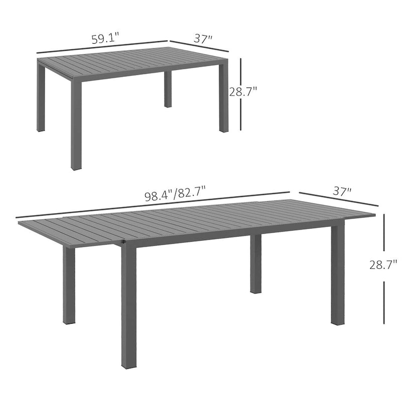 Table de patio extensible, Table de patio rectangulaire, Table de salle à manger extérieure pour 6 à 8 personnes avec cadre en aluminium et plateau à lattes