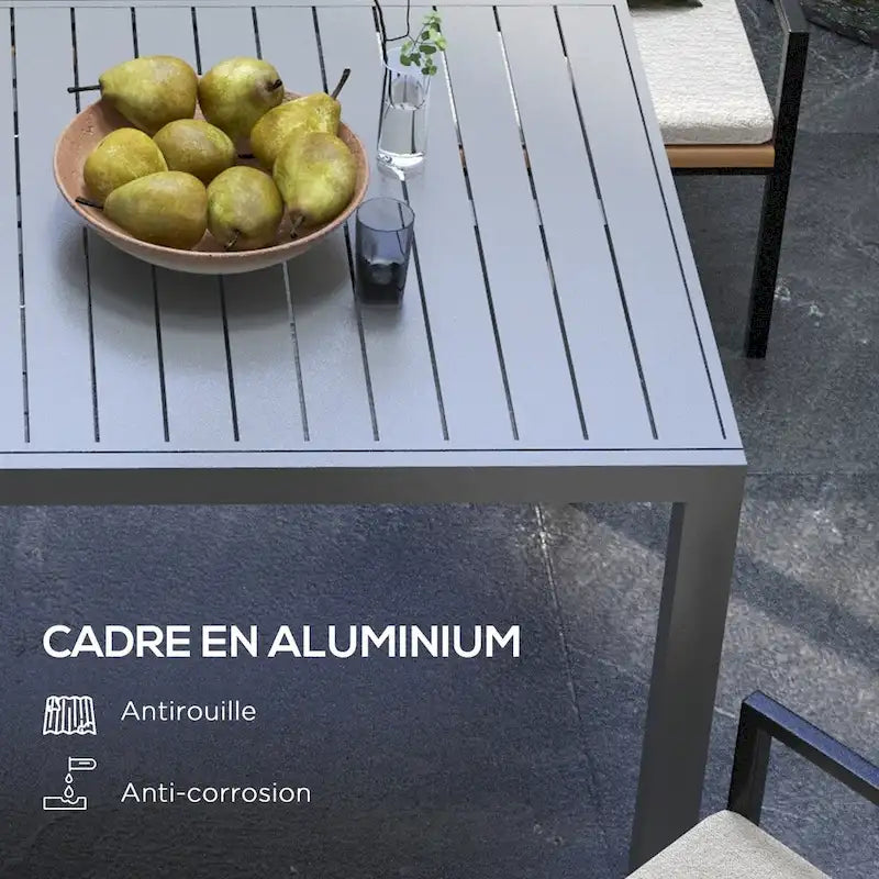Table de patio extensible, Table de patio rectangulaire, Table de salle à manger extérieure pour 6 à 8 personnes avec cadre en aluminium et plateau à lattes