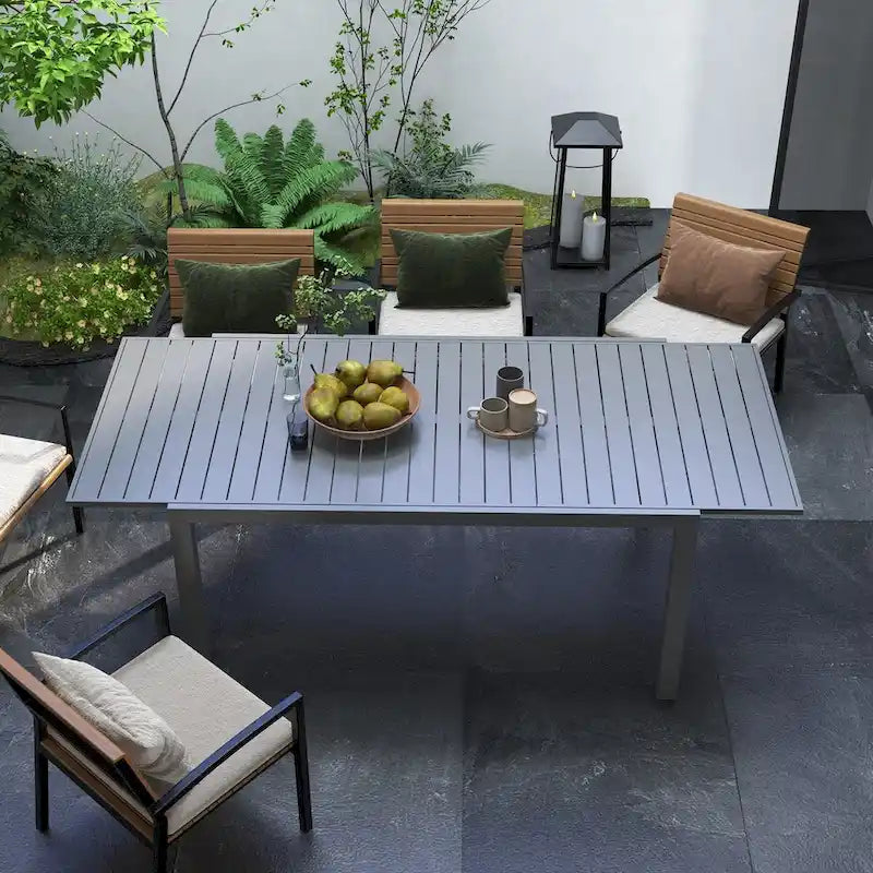 Table de patio extensible, Table de patio rectangulaire, Table de salle à manger extérieure pour 6 à 8 personnes avec cadre en aluminium et plateau à lattes