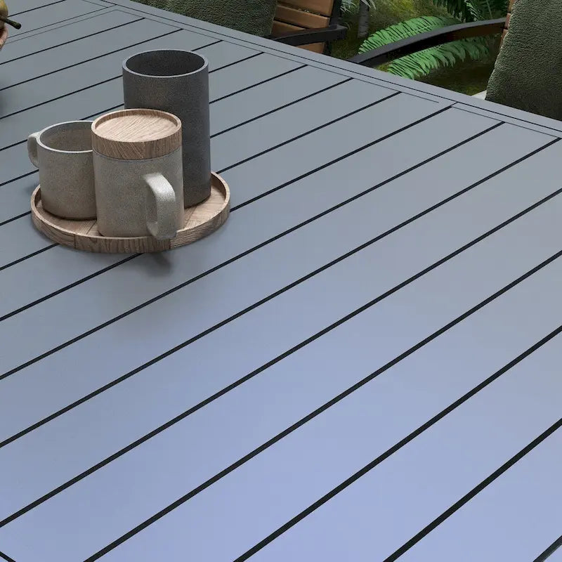 Table de patio extensible, Table de patio rectangulaire, Table de salle à manger extérieure pour 6 à 8 personnes avec cadre en aluminium et plateau à lattes