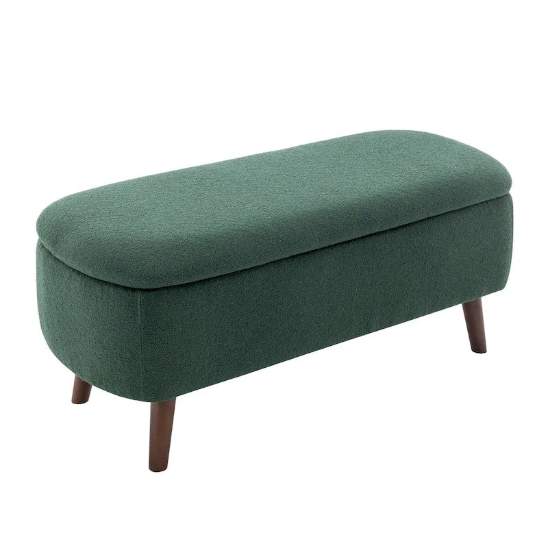 Banc de rangement Celia en tissu bouclé avec pieds en bois d'hévéa
