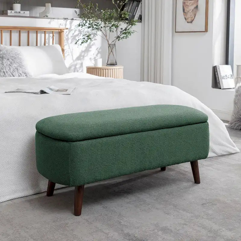  Home Celia Boucle Fabric Storage Bench with Rubberwood Legs