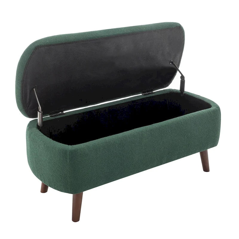 Banc de rangement Celia en tissu bouclé avec pieds en bois d'hévéa