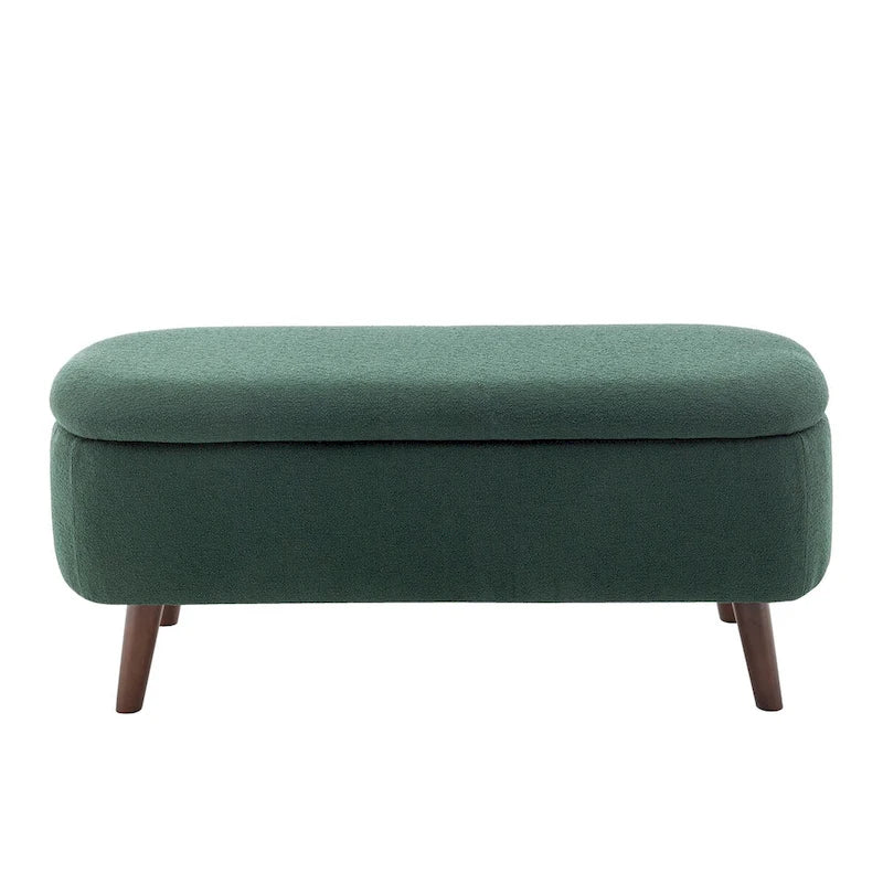 Banc de rangement Celia en tissu bouclé avec pieds en bois d'hévéa